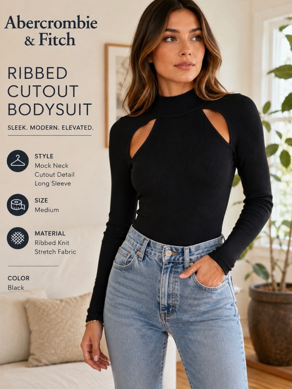 Abercrombie & Fitch Womens Cut Out Front Sweater Bodysuit Top Black M Medium